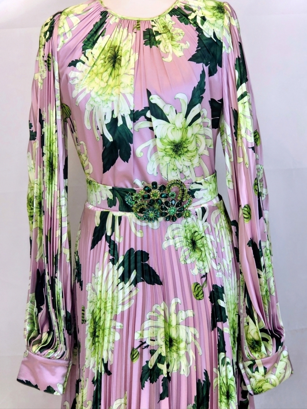 Andrew Gn Silk Floral Pleated Gown Embellished Belt Maxi Dress Luxury Designer - Picture 11 of 16
